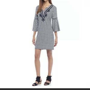 Crown & Ivy | Plaid Rope Bell Sleeve Dress Keyhole Back Navy